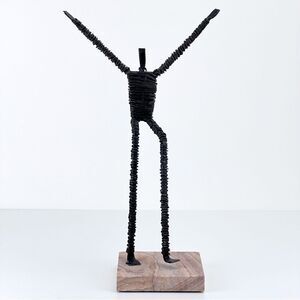 Vintage Brutalist Metal Wire Figure Sculpture On Stone Base MCM Art